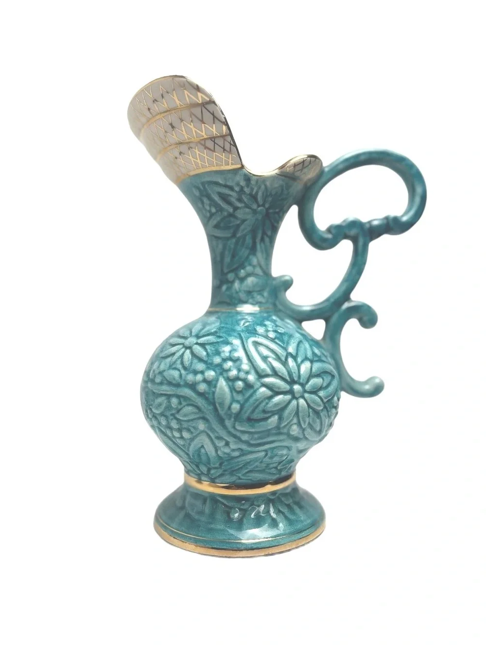 Vintage H Bequet Quaregnon Decorative Floral Pitcher Vase with Gold Accents